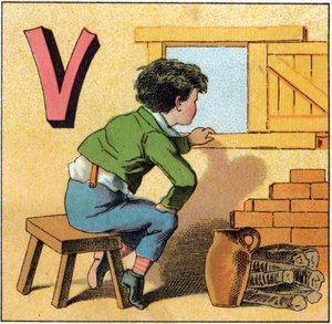 Lettera V come vasistas. Bambino curioso che guarda fuori da una finestra. Incisione in "Alphabet des petits ecoliers". Imagerie d
