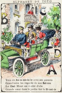 Lettere A B C D Auto Balcone Gatto Giocattolo. Incisione in "Alphabet de Toto", fine XIX secolo. Immagini di Pont-a-Mousson. Louis Vagne, stampatore-editore. 12 pagine. da Unbekannt