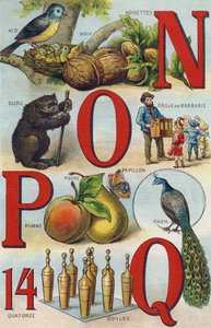 Lettere N O P Q; Nido; Nocciole; Organo a canne; Orso; Pavone; Farfalla Mela Pera; Bocce da Unbekannt