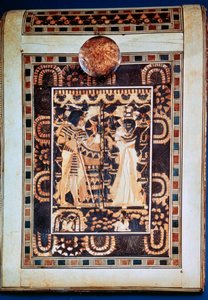Coperchio di un cofano che mostra Tutankhamon e sua moglie Ankhesenamun in un giardino, XIV secolo a.C.