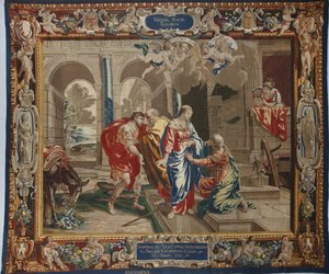 Vita della Vergine: La Visitazione, la visita di Maria a Elisabetta, Giuseppe e Zaccaria dietro di loro - Arazzo di lana e seta realizzato nella bottega di Pierre Damour dai disegni di Charles Poerson (1609-1667)