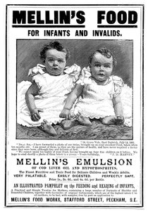 Pubblicità di rivista per Mellins Emulsion, un integratore alimentare a base di olio di fegato di merluzzo, c1890