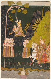 Maharaja Abhai Singh, Equestre, osserva le ragazze che dondolano al Festival di Teej, c. 1740 da Unbekannt