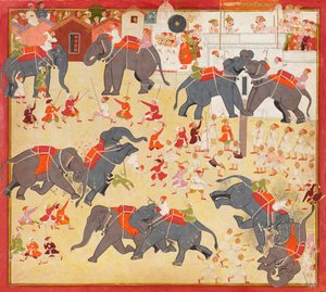Maharana Raj Singh osserva una lotta tra elefanti, ca. 1670-1675