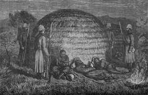 Il maggiore Marter e i suoi uomini che sorvegliano Cetewayo nel kraal nativo, c1880 da Unbekannt