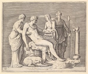 Uomo Assistito da Tre Donne, pubblicato ca. 1599-1622 da Unbekannt