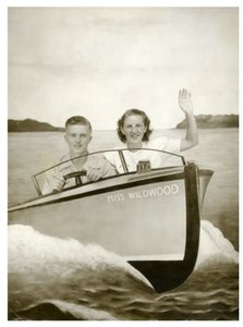 Uomo e donna in una barca chiamata "Miss Wildwood" c.1940 da Unbekannt
