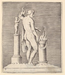 Uomo con torcia tra altare fiammeggiante e statuetta, pubblicato ca. 1599-1622 da Unbekannt