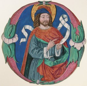 Miniatura di manoscritto con la figura di un santo in una lettera iniziale O, ca. 1480