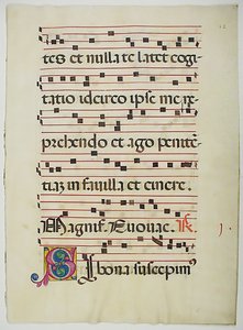 Foglio di manoscritto con iniziale S, da un libro corale, italiano, XV secolo