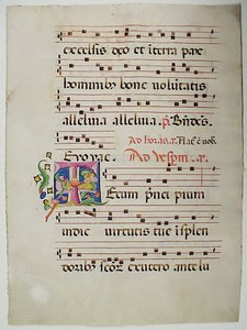 Foglio di manoscritto con iniziale T, da un antifonario, italiano da Unbekannt