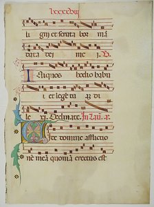 Foglio di manoscritto con iniziale V, da un Antifonario, italiano, XV secolo