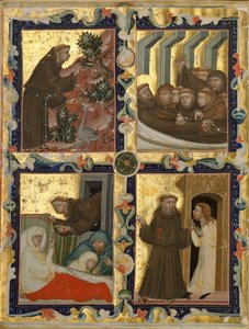 Foglio di manoscritto con scene della vita di San Francesco d