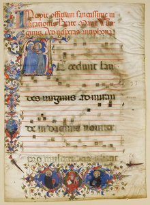 Foglio di manoscritto con la Visitazione in una iniziale A e il cardinale Adam Easton..., italiano, ca. 1400 da Unbekannt