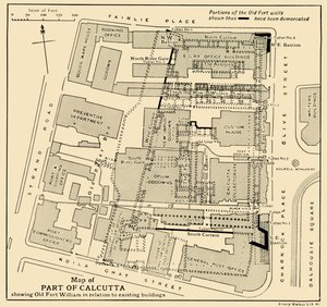 Mappa di una parte di Calcutta che mostra il Vecchio Fort William in relazione agli edifici esistenti, 1925 da Unbekannt