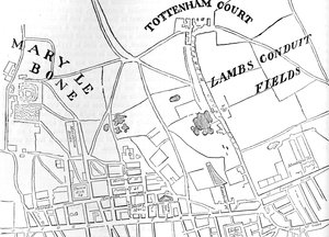 Mappa di Rathbone Place e dintorni, Westminster, Londra, 1746 da Unbekannt