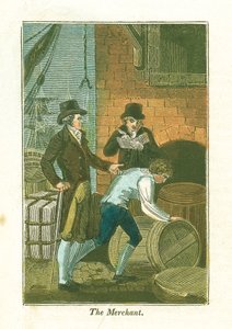 Mercante e il suo impiegato al molo che controllano le merci in un magazzino, 1823 da Unbekannt