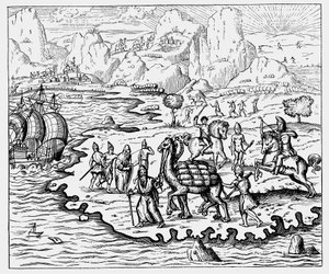Mercanti che trasportano merci alla costa e una nave in attesa con cammelli, 1575 da Unbekannt