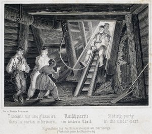 Miniera di sale: Visitatore che scivola su uno scivolo che conduce nei sotterranei, a Durrnburg, Austria da Unbekannt