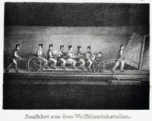 Miniera di sale: trasporto nel tunnel Wolfdietrich, a Durrnberg, Austria da Unbekannt