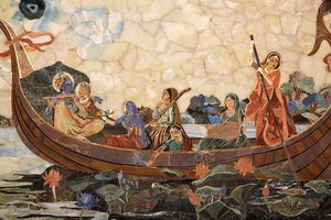 Mosaico che raffigura il dio indù Krishna con le gopi in una barca