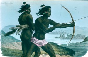 Indiani di San Francisco del Nord America che cacciano con archi e frecce, c1840