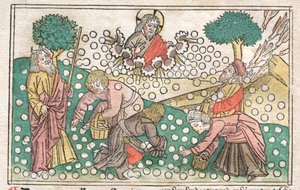 Bibbia di Norimberga: Manna che cade dal cielo, 1400
