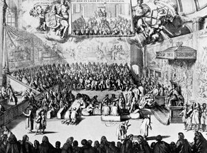 Apertura del Parlamento da parte della Regina Anna, Westminster, Londra, 18° secolo da Unbekannt