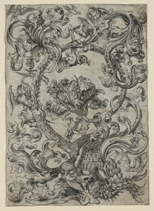 Fogliame ornamentale, con un gufo e altri uccelli