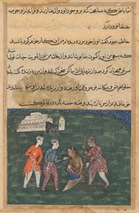 Pagina da Racconti di un pappagallo Tuti-nama: Ventesima notte: Il terzo pretendente colpisce..., c. 1560 da Unbekannt