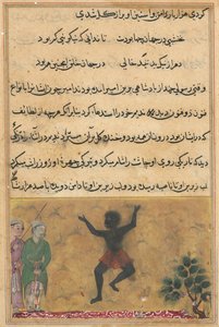 Pagina da Storie di un pappagallo Tuti-nama: Ventiduesima notte: Il giullare di corte, c. 1560 da Unbekannt