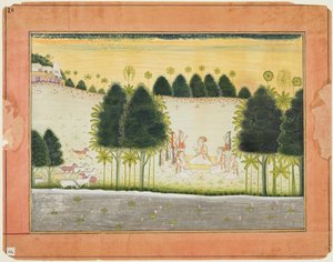 Pagina da un Bhagavata Purana: Nanda e gli anziani in consiglio con i gopa, c. 1690-1700 da Unbekannt