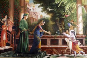 Dipinto al Bhaktivedanta Manor raffigurante il giovane Krishna che corre verso Madre Yasoda e Nanda Maharaj (i suoi genitori adottivi) Watford, Regno Unito da Unbekannt
