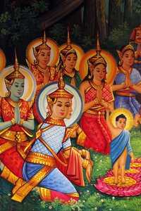 Dipinto che raffigura il compleanno del Buddha (Wesak) nel Wat Than, Phnom Penh, Cambogia