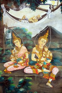 Dipinto che raffigura la storia della vita di Shakyamuni Buddha. Wat Naxai. Vientiane. Laos