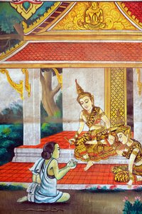 Dipinto raffigurante la storia della vita di Shakyamuni Buddha, Wat Naxai, Vientiane, Laos