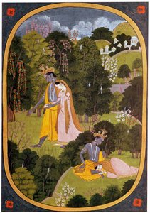 Dipinto di Radha e Krishna in un boschetto