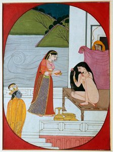 Dipinto del dio Khrishna che osserva Radha al suo bagno, XIX secolo