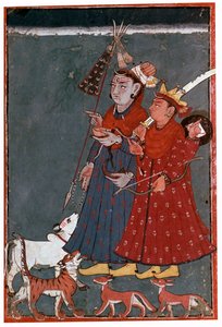 Dipinto degli dei Siva e Khrishna accompagnati da un toro, una tigre e degli sciacalli