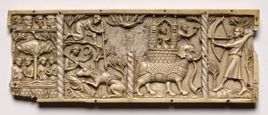 Pannello di un cofanetto con scene di romanzi cortesi, 1330-1350 o successivo