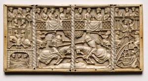 Pannello di un cofanetto con scene di romanzi cortesi, c. 1330-1350 o successivo