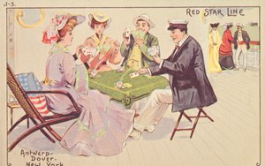 Passeggeri che giocano a carte sul ponte di un transatlantico Red Star, 1907