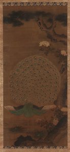 Pavone, peonie e pino, periodo Edo, 1615-1868