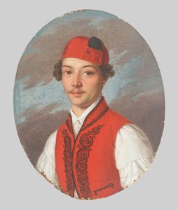 Ritratto di giovane uomo con gilet rosso e cappello dalmata da Unbekannt