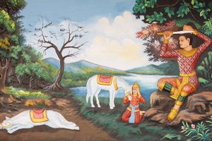Monastero di Preah Prom Rath La vita del Buddha La grande tonsura: il Buddha si taglia i capelli con la sua spada Poi cambiò i vestiti da principe con una veste da mendicante Poi iniziò la sua ricerca dell