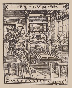 Prelum Ascensianum: dispositivo del tipografo con la pressa da stampa in funzione, primo quarto del XVI sec. da Unbekannt