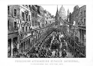 Processione che si avvicina alla Cattedrale di San Paolo, Giorno del Ringraziamento, 27 febbraio, 1872, 1899 da Unbekannt