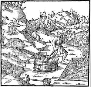 Produzione di sale evaporando salamoia naturale versandola in una fossa di carbone ardente, 1556 da Unbekannt