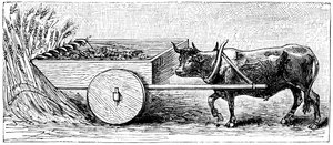 Ricostruzione della macchina da mietitura usata in Gallia in epoca romana antica, come descritto da Plinio, c1890 da Unbekannt