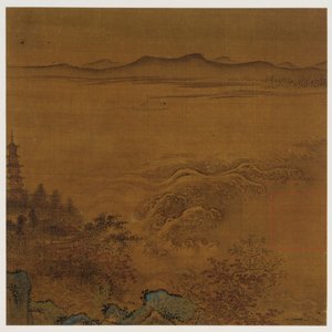 Paesaggio fluviale: una pagoda, rapide spumeggianti, colline lontane, dinastia Ming, 1368-1644